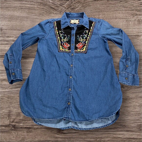Holding Horses Women's 8 Anthropologie Embroidered Chambray Denim Tunic  Western - Picture 10 of 14